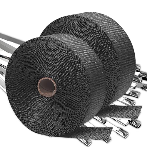 Titanium Exhaust Wrap | 2'' x 200" Exhaust Heat Wrap | Header Wrap | Heat Shield Tape 2 Rolls with 20 PCS 11.8 Inch Stainless Steel Ties for Motorcycle Car Truck (Black, 2 Rolls) - color: Black