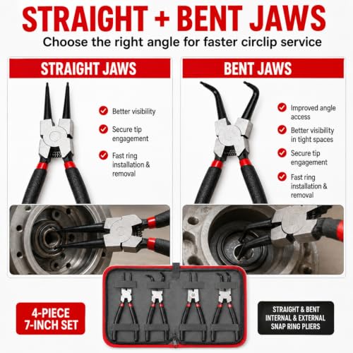 7” Snap Ring Pliers Set 4PC, Internal/External Circlip Pliers with Straight+Bent Jaws, Heavy Duty C Clamp Pliers & C Clip Removal Tool for Automotive Tools Professional Mechanics