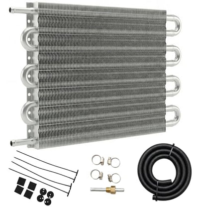 Universal 8 Row 8 Pass Aluminum Transmission Oil Cooler Kit 16"(40cm) x 10"(25.5cm) Tube & Fin Engine Cooler with 5/16" Hose Black/Silver For Racing Cars (Silver) - color: Silver