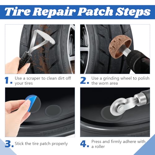 33Pcs Tire Repair Patch Tools Tire Patch Kit, Tires Patchs Roller Kit, Tires Repair Tool for Car Grinding, Repairs Buffing Wheel/Inner Liner Scraper/30PCS Tire Patches(32/45/ 55mm)