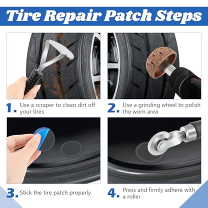 33Pcs Tire Repair Patch Tools Tire Patch Kit, Tires Patchs Roller Kit, Tires Repair Tool for Car Grinding, Repairs Buffing Wheel/Inner Liner Scraper/30PCS Tire Patches(32/45/ 55mm)