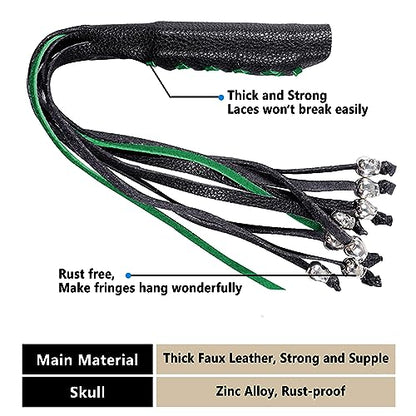 2PCS Faux Leather Motorcycle Lever Covers with Fringes, Motorcycle Brake Clutch Lever Covers Grip Tassels Motorcycle Handlebar Handle Grip Covers, Fringed Leather Lever Covers Wraps with Skulls - color: Black & Green Laces*1 & Black Laces*1