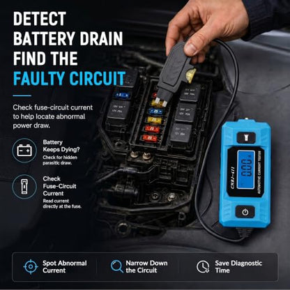 Automotive Circuit Fault Probe Tester, 20A 48V Car Circuit Tester, 0.01A Resolution Inline Current Monitor with Backlit LCD & LED Work Light, Mini & Standard Blade Fuse Compatible