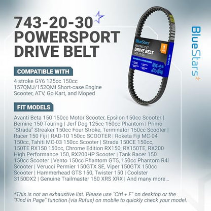 BlueStars Durable 743-20-30 Racing CVT Drive Belt - Compatible with 125cc 150cc GY6 152QMI 157QMJ Short-case Engine Scooter, ATV, Go Kart, Moped - Compatible with Roketa, Taotao, Vespa, Jonway - size: 743-20-30