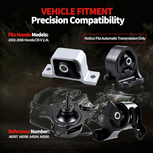 Engine Motor & Transmission Mount Set 4PCS Compatible with 2002-2006 Honda CR-V 2.4L, Replaces A4504 A4506 A6596 A6597, Front Rear Left Right Support - style: 2002-2006 Honda CR-V 2.4L Automatic Transmission