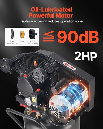 VEVOR 20 Gallons Air Compressor, 2HP 6.5SCFM at 90PSI, Max 135PSI Pressure Oil-Lubricated Air Compressor Tank,Portable on Wheels for Auto Repair,Tire Inflation,Spray Painting,Woodwork Nailing,120V - size: 20 Gallon 135 PSI
