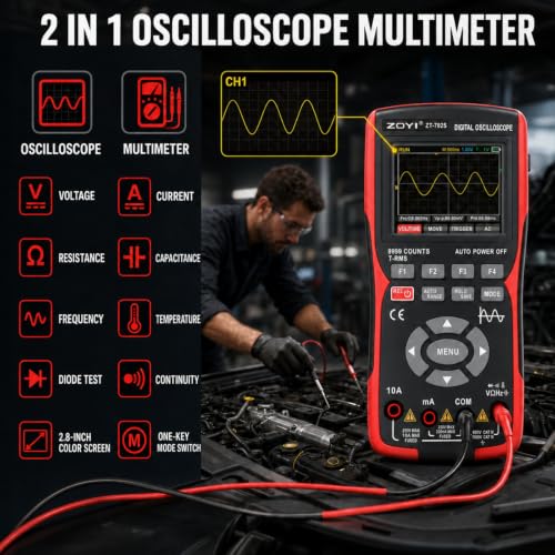 702S 2 in 1 Handheld Automotive Oscilloscope Multimeter - 10MHz Bandwidth 48MS/s Sampling Rate,Auto-Ranging 9999 Counts T-RMS Multimeter with Temperature Tester for Electronics Repair Test