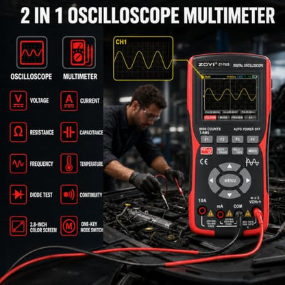 702S 2 in 1 Handheld Automotive Oscilloscope Multimeter - 10MHz Bandwidth 48MS/s Sampling Rate,Auto-Ranging 9999 Counts T-RMS Multimeter with Temperature Tester for Electronics Repair Test