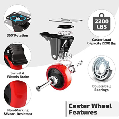 Nefish Swivel Caster Wheel for Cart, 5 Inch Industrial Casters Set of 4 - Heavy Duty Top Plate Casters with Brake 2200 Lbs, 360 Degree Polyurethane Wheels for Cart, Trolleys, Furniture, Equipment - size: 5 IN