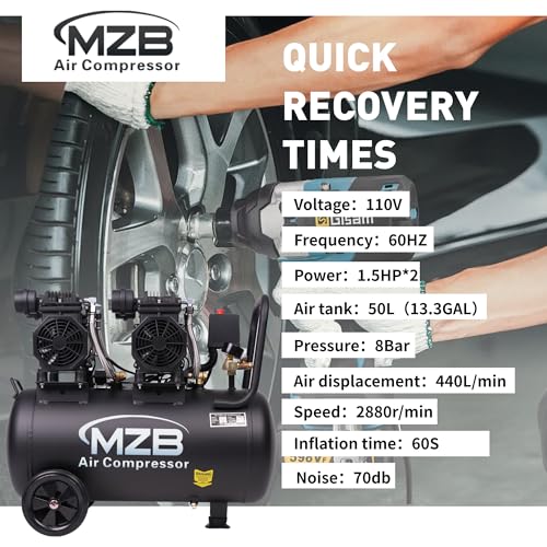 13.2 Gallon Ultra Quiet Air Compressor 115PSI Steel Tanks 70dB Noise Level Oil Free Air Compressor - size: 1.5HP - 13.2Gal