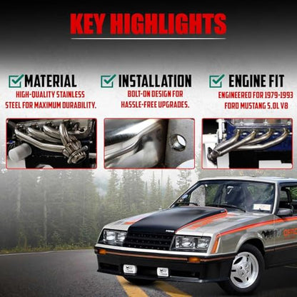 Exhaust Headers Direct Bolt-On Replacement Fits 1979-1993 Ford Mustang 5.0L - size: Fox Body 5.0L Polished Stainless Shorty Headers