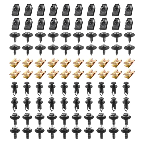 100 PCS Car Body Bolts and Nuts, Anti-Rust U-Clip and Self-Tapping Screw and Snap Nut, 5 Types Fasteners Assortment Kit, Universal for Engine Under Cover Fender Bumper Splash Guard (Black)