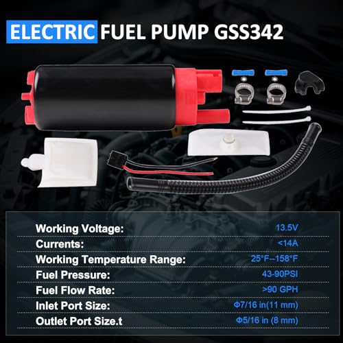 High Pressure 13.5V Electric Fuel Pump, 90 GPH 43-90 PSI High Flow Fuel Pump Replaces Walbro GSS342, compatible with E8229 E2068 E8213 EFP382A, for EFI Gasoline Engines - size: 43-90 PSI 90 GPH