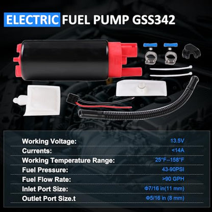 High Pressure 13.5V Electric Fuel Pump, 90 GPH 43-90 PSI High Flow Fuel Pump Replaces Walbro GSS342, compatible with E8229 E2068 E8213 EFP382A, for EFI Gasoline Engines - size: 43-90 PSI 90 GPH