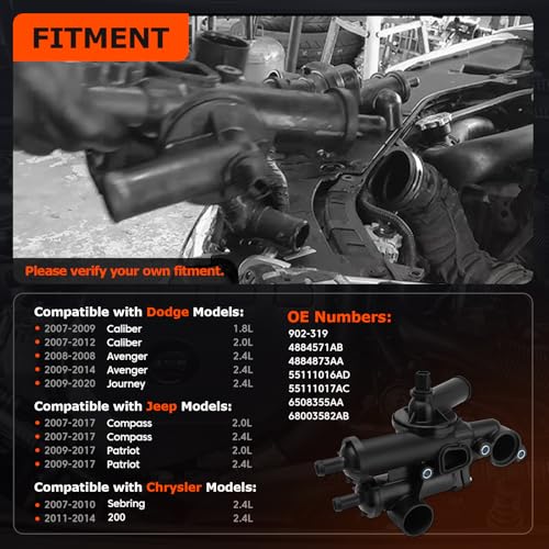 68003582AB Engine Coolant Thermostat Housing Assembly Compatible with Dodge, Chrysler, Jeep - Journey 09-20, Avenger 09-14, Compass Patriot 07-17, Caliber, Sebring, 200 4Cyl 2.4L 2.0L