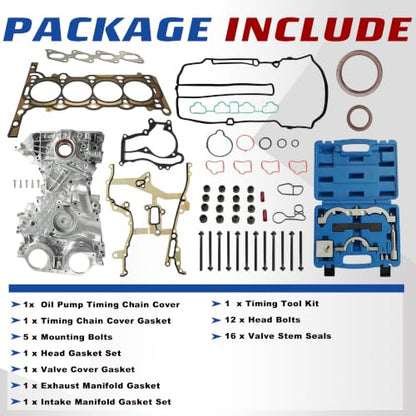 Head Gasket Set Timing Tool Kit & Timing Chain Cover With Oil Pump Inside - size: GM 1.4 timing chain kit with tool