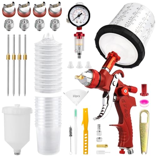 HVLP Spray Gun, Automotive Paint Guns w/ 4 Nozzles, 10x 22oz Cups - color: Red