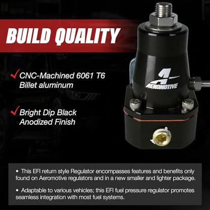 Aeromotive 13136 EFI Fuel Pressure Regulator, Adjustable, 40-75 PSI, 2x -6 Inlet and -6 Return, Black Anodized