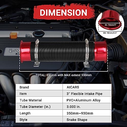 Intake Pipe Intake Duct, 3 Inch/76mm Universal Aluminum Cold Intake Tube for Automotive Car- Red - color: Red