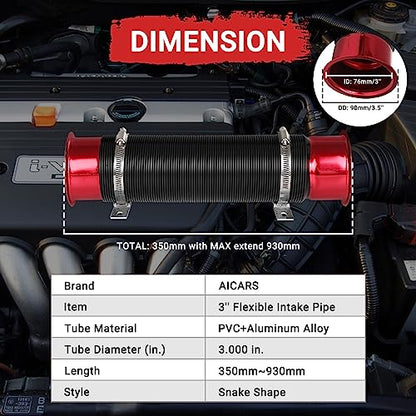 Intake Pipe Intake Duct, 3 Inch/76mm Universal Aluminum Cold Intake Tube for Automotive Car- Red - color: Red