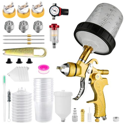 HVLP Spray Gun Kits with 1.4/1.7/2.5mm Nozzles 2 Cups Automotive Paint Guns - color: Yellow