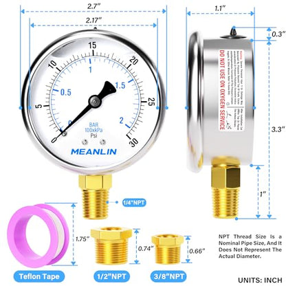 MEANLIN MEASURE 0~30Psi Stainless Steel 1/4" NPT 2.5" FACE DIAL,Liquid Filled Pressure Gauge,WOG Water Oil Air Lower Mount (Pack of 2), with 1/2" NPT and 3/8" NPT Hex Bushing - size: 0-30Psi (2Pcs)