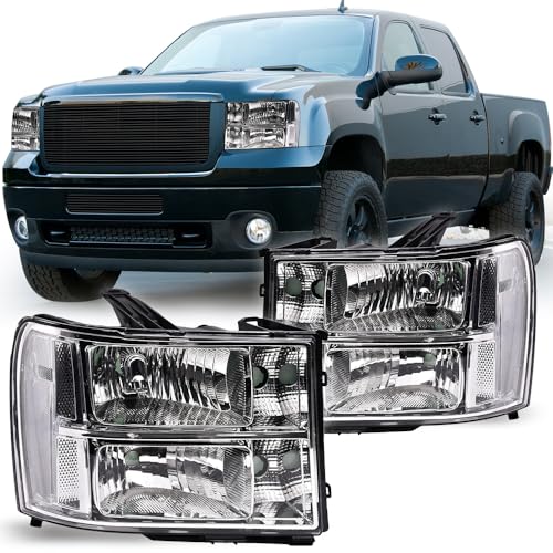 G-PLUS Headlights Assembly, Fit 2007-2013 GMC Sierra 1500/2007 2008 2009 2010 2011 2012 2013 2014 GMC Sierra 2500 HD/3500HD Headlamps,Clear Lens Chrome Housing Clear Reflector,faros delanteros - size: [Clear] 2007-2013 Sierra