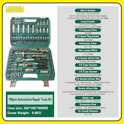 108-Piece Mechanics Tool Kits, CR-V Socket & Driver Set with Case - All-Purpose for Auto Repair & Home DIY