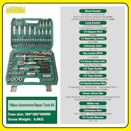 108-Piece Mechanics Tool Kits, CR-V Socket & Driver Set with Case - All-Purpose for Auto Repair & Home DIY