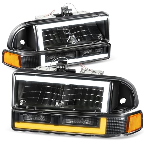 Auto Dynasty 4Pcs Switchback L-LED DRL Headlights Assembly and Bumper Lamps Compatible with Chevy Blazer S10 1998-2004, Driver and Passenger Side, Black Housing - color: Black / Amber, size: L-Style LED DRL