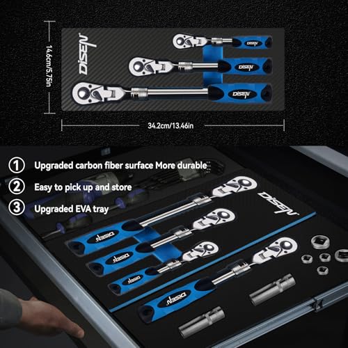 DISEN 3-Piece Extendable Flex-Head Ratchet Wrench Set with EVA Storage Case - 1/4", 3/8", 1/2" Drive, 72-Tooth, Rubber Grip, Adjustable Length - Professional Automotive and DIY Tools - color: Extendable Flex-head Ratchet