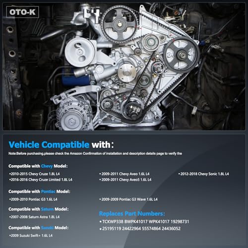 OTO-K Timing Belt Kit with Water Pump Compatible with 2009-2018 Chevy Cruze Sonic Aveo Aveo5,2009-2010 Pontiac G3,2007-2008 Saturn Astra,1.6L 1.8L,Replace#TCKWP338 - size: TCKWP338
