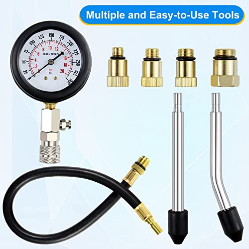 JoyFans 0-300 PSI Compression Tester Automotive Tool, Petrol Gas Engine Cylinder Pressure Test Kit with Gauge Adapter M10 M12 M14 M18 for Small Engine Cars Motorcycles Trucks SUVs Black