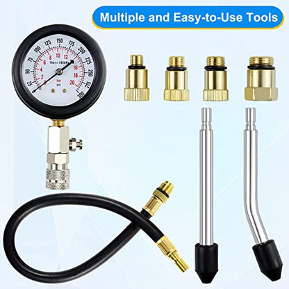 JoyFans 0-300 PSI Compression Tester Automotive Tool, Petrol Gas Engine Cylinder Pressure Test Kit with Gauge Adapter M10 M12 M14 M18 for Small Engine Cars Motorcycles Trucks SUVs Black