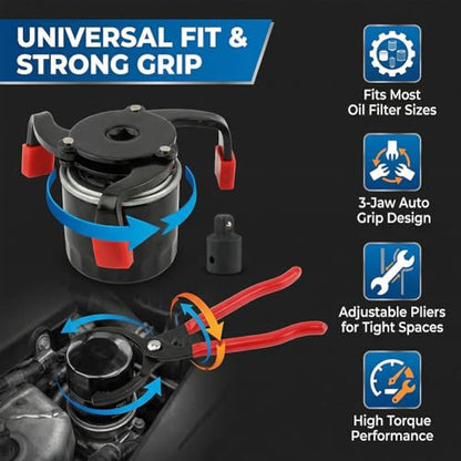 Adjustable Oil Filter Pliers, Oil Filter Removal Tool with 12 Inch Pliers and 3-Jaw Wrench, Automotive Maintenance Tool for Engine Filters, Cars and Trucks