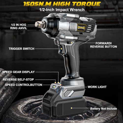 1/2" Cordless Impact Wrench 1110 Ft-lbs Compatible with DeWalt 20V Battery - color: Grey