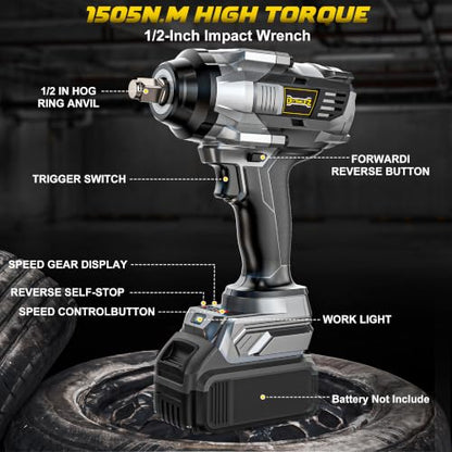1/2" Cordless Impact Wrench 1110 Ft-lbs Compatible with DeWalt 20V Battery - color: Grey