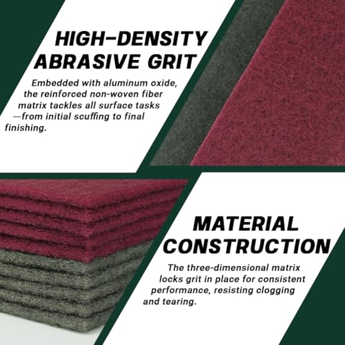 6" x 9" Scuff Pad 10-Pack – Non-Woven Hand Pads for Scuffing, Scouring, Sanding, Cleaning, Blending & Paint Surface Prep – Reusable Aluminum Oxide Abrasive Pads - color: Maroon/Gray