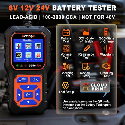 BT60 PRO 2–120Ah Battery Tester 6V/12V/24V 100–3000 CCA QR Report - color: Black-Orange