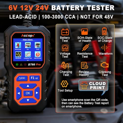 BT60 PRO 2–120Ah Battery Tester 6V/12V/24V 100–3000 CCA QR Report - color: Black-Orange
