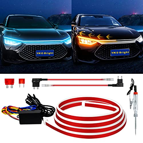 YM E-Bright LED Hood Light Strip, 47in Ice Blue Amber Switchback DRL 12V - color: Ice Blue/Amber Switchback, size: 47 inches