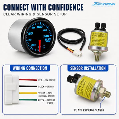 2''52mm Fuel Pressure Gauge 0-140 PSI with Sensor Tinted 7 Color Gauge Kit