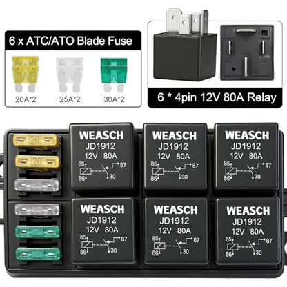 12V 6 Way Fuse Relay Weasch Box, 6x4-Pin 80Amp Relays and 6 ATC/ATO Blade Fuses, for Cars Truck Jeep - size: 80A 6 Relay 6 Fuses, style: Box