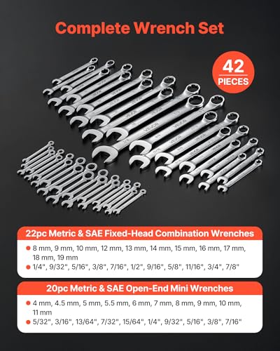 VEVOR Combination Wrench Set, 42-Piece SAE and Metric, 12-Point Box End and 15° Angled Open End Combination Wrenches with Roll Up Pouch, Carbon Steel, for General Household and Automotive Repairs - size: 42PCS