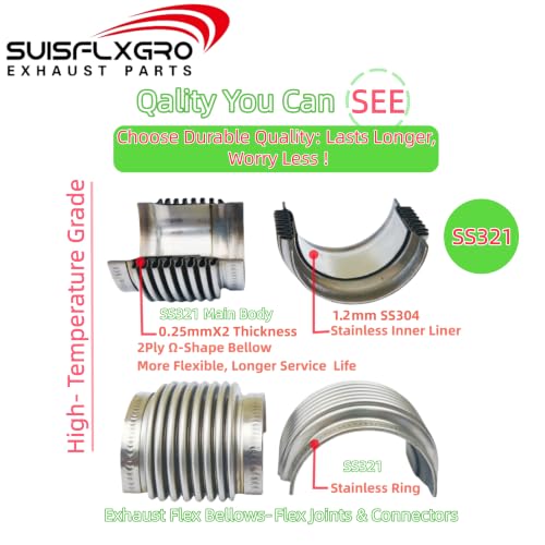 2.50" I.D. Exhaust Flex Bellows, 100% Stainless SS321 + SS304 Inner Lining High-Temp Grade, 2.50" LONG Flex Joints & Connectors (2.5"- SS321, 1PC) - size: 2.5"- SS321