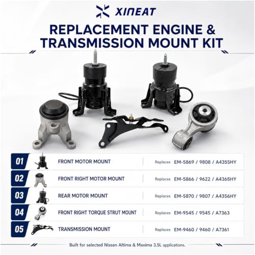 Engine Motor Mount kit 5pcs Compatible with 2007-2012 Nissan Altima 3.5L 2009-2014 Nissan Maxima 3.5L Automatic CVT Trans Replacement A4355HY A7361 A4365HY A7363 A7363 112209n00A 113509N00A XINEAT - size: 2007-2012 Nissan Altima 3.5L