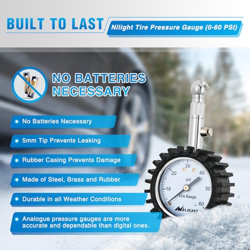 Nilight Tire Pressure Gauge 60PSI Stainless Steel Air Chucks - color: 60psi Tire Gauge