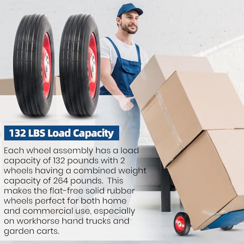 (2-Pack) AR-PRO 6” x 1.5” Flat Free Solid Rubber Wheel Assemblies - Replacement Hand Truck Wheels with Ball Bearings and 1/2” Bore Hole Diameter - Heavy-Duty Solid Rubber Wheels 132 lbs Load Capacity - size: 1/2"