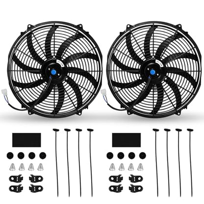 16" Universal Electric Radiator Fan Push Pull Slim Fan High Performance Cooling Fan 80W 12V Mount Kit 2PCS - size: 16 inch- 2PCS