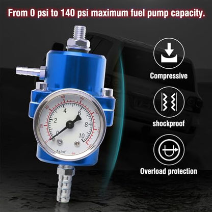 Adjustable Fuel Pressure Regulator With Gauge Hose 0-140 PSI Universal 6AN FPR Kit Aluminum Blue - color: blue